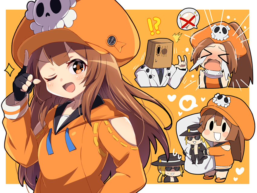 !? 1girl 2boys bag bag_over_head black_gloves black_headwear brown_hair chibi dakimakura_(object) faust_(guilty_gear) fingerless_gloves gloves guilty_gear guilty_gear_strive guilty_gear_xrd hat highres holding holding_pillow hood hoodie itsuka_neru johnny_(guilty_gear) long_hair looking_at_viewer may_(guilty_gear) multiple_boys one_eye_closed open_mouth orange_eyes orange_headwear orange_hoodie orange_shirt paper_bag pillow pirate_hat shirt skull_and_crossbones sunglasses