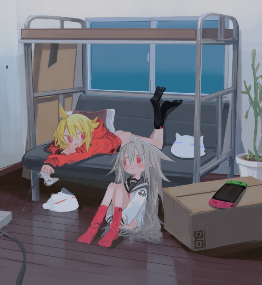 2girls ahoge antenna_hair ass bed black_sailor_collar black_socks blonde_hair blush bottomless box bunk_bed cardboard_box character_request chrogire/girection commentary_request controller couch fang feet_up game_console game_controller grey_hair handheld_game_console hands_under_legs highres holding holding_controller holding_game_controller indoors knees_up kokaki_mumose long_sleeves looking_at_viewer lying moneko_(null-meta) multiple_girls natsuka_(chrogire) neck_ribbon nintendo_switch on_couch on_stomach open_mouth plant playstation_1 pointy_ears potted_plant red_eyes red_ribbon red_socks reflective_floor ribbon sailor_collar school_uniform serafuku shirt smile socks white_shirt window wooden_floor