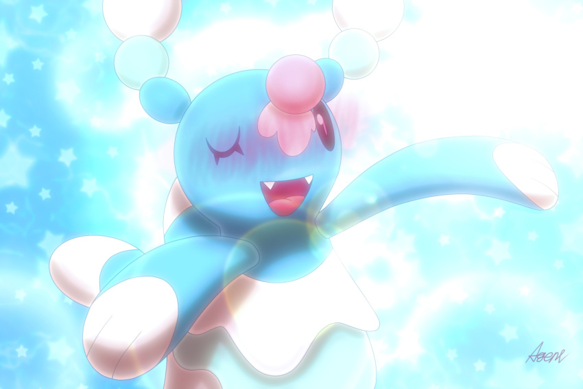 2023 3:2 agent_0730 ambiguous_gender black_eyes blue_background blue_body blush brionne digital_media_(artwork) eyelashes feral flippers generation_7_pokemon hi_res lens_flare looking_at_viewer mammal marine markings multicolored_body nintendo one_eye_closed open_mouth open_smile pink_nose pink_pupils pinniped pokemon pokemon_(species) pupils shaded signature simple_background smile smiling_at_viewer snout soft_shading solo star tail teeth tongue white_markings