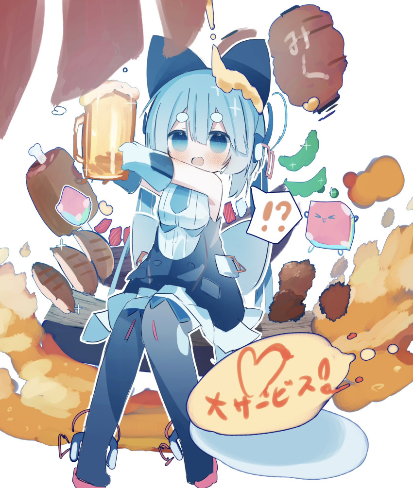!? &gt;_&lt; 1girl 39_music_(vocaloid) alcohol bare_shoulders beer_mug black_bow black_dress black_footwear blue_eyes blue_hair blue_necktie blush boned_meat boots bow cable character_name creature cube cup dress foam food food_writing gloves hair_bow hatsune_miku headphones heart highres hikimayu holding holding_cup ketchup knee_boots knees_together_feet_apart lantern looking_at_viewer lyrics magical_mirai_(vocaloid) magical_mirai_miku magical_mirai_miku_(2016) meat mug necktie omelet omurice open_mouth outstretched_arms paper_lantern shirt short_necktie sleeveless sleeveless_dress smile solo speech_bubble spoken_interrobang syare_0603 translated vocaloid white_background white_gloves white_shirt
