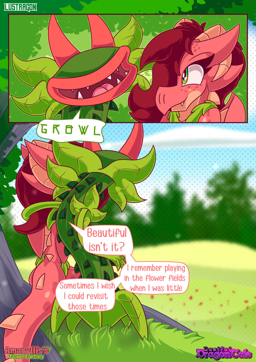 absurd_res amaryllis_(lustragon) anthro comic comic_panel dialogue digital_drawing_(artwork) digital_media_(artwork) dragon duo english_text female green_eyes hair hi_res horn leaf lustragon male nude outside pink_body plant rear_view red_hair scalie sharp_teeth sitting snappy_(lustragon) speech_bubble tail teeth text thorns tongue tree watermark wings