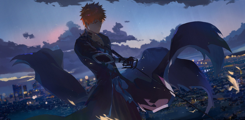 1boy absurdres arm_guards bankai black_hakama bleach chain city_lights cityscape closed_mouth cloud coattails collarbone floating floating_clothes hakama highres holding holding_sword holding_weapon japanese_clothes kurosaki_ichigo male_focus obi orange_eyes orange_hair sash shihakusho shirt sky skyline sparks spiked_hair star_(sky) sword tensa_zangetsu_(bankai) twilight weapon white_shirt zzz_zhi_he