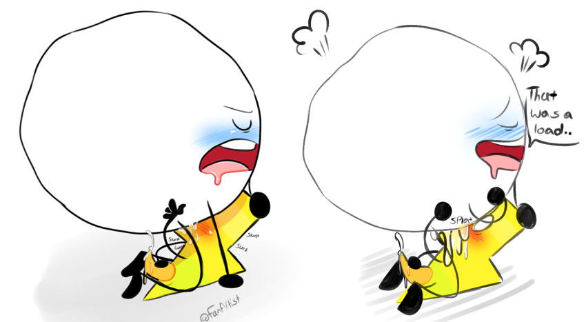 animate_inanimate battle_for_dream_island blush bodily_fluids cum cum_in_mouth cum_inside dripping drooling genital_fluids lightning_(bfdi) lightning_bolt male male/male not_furry object_shows saliva snowball snowball_(bfdi) text