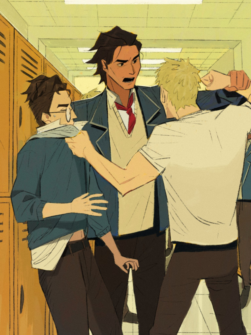 back belt black_belt black_eyes blonde_hair brown_hair brown_pants cardigan ceiling closed_eyes collared_jacket collared_shirt dark_skin dingnin98201637 glasses highres holding_another's_wrist jacket locker long_sleeves looking_at_another male_focus marvel miguel_o'hara necktie open_clothes open_jacket open_mouth pants peter_b_parker red_necktie school_uniform shirt short_sleeves spider-man:_across_the_spider-verse spider-man_(series) spider-verse sweat sweatdrop t-shirt tile_ceiling tiles untucked_shirt white_shirt