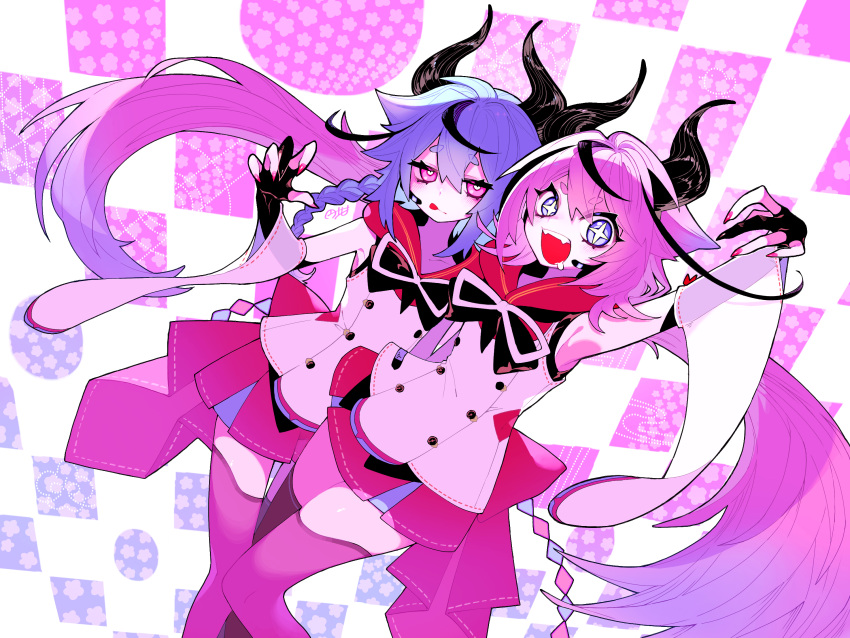 +_+ 2others arm_up armpits black_shirt blush braid braided_ponytail bright_pupils commentary_request detached_sleeves drooling fangs feet_out_of_frame fingernails floating_hair gloves gradient_background gradient_hair hair_flaps hand_up headset heart heart-shaped_pupils highres hikimayu hood hood_down horns long_hair looking_at_viewer low_twintails marutsubo meika_hime meika_mikoto miniskirt multicolored_hair multiple_others partially_fingerless_gloves patterned_background pink_background pink_eyes pink_hair pink_skirt pink_thighhighs pleated_skirt purple_background purple_eyes purple_hair red_hood sharp_fingernails shirt siblings side-by-side signature skirt sleeveless sleeveless_jacket sleeveless_shirt streaked_hair symbol-shaped_pupils thighhighs tongue tongue_out twintails v-shaped_eyebrows very_long_hair vocaloid white_background white_pupils wide_sleeves