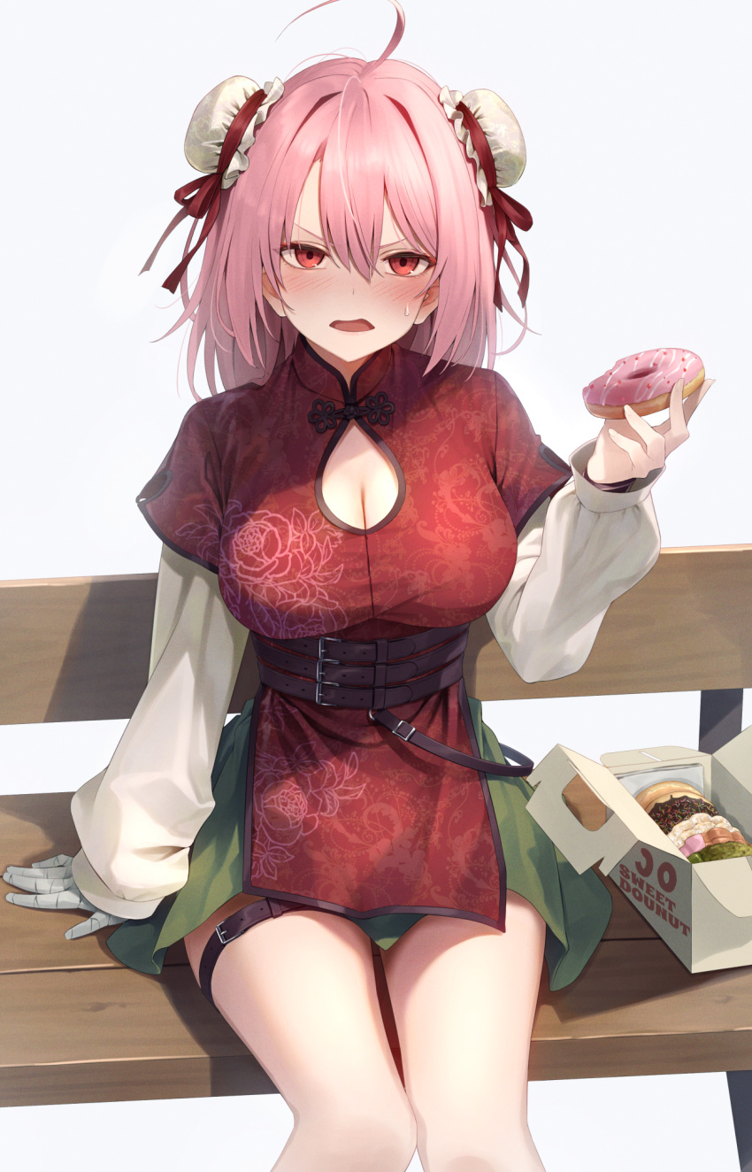 1girl ahoge alternate_costume bandaged_arm bandages belt bench blush breasts brown_belt bun_cover china_dress chinese_clothes cleavage cleavage_cutout clothing_cutout commentary_request double_bun doughnut dress eating feet_out_of_frame food green_skirt greenkohgen hair_between_eyes hair_bun highres ibaraki_kasen large_breasts layered_sleeves long_bangs long_sleeves looking_at_viewer medium_hair open_mouth pastry_box pink_hair red_dress red_eyes short_over_long_sleeves short_sleeves simple_background skirt solo touhou underbust v-shaped_eyebrows white_background