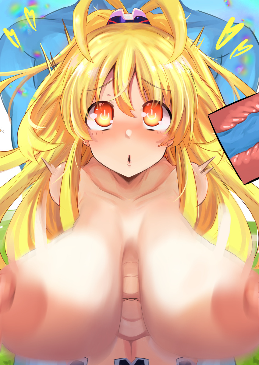 1boy 1girl absurdres bare_shoulders blonde_hair blush breasts commission dogoo_man highres huge_breasts kami_jigen_game_neptune_v large_breasts long_hair misaki_(nounaikakusan) neptune_(series) nipples open_mouth orange_eyes pixiv_commission power_symbol symbol-shaped_pupils upper_body very_long_hair yellow_eyes yellow_heart