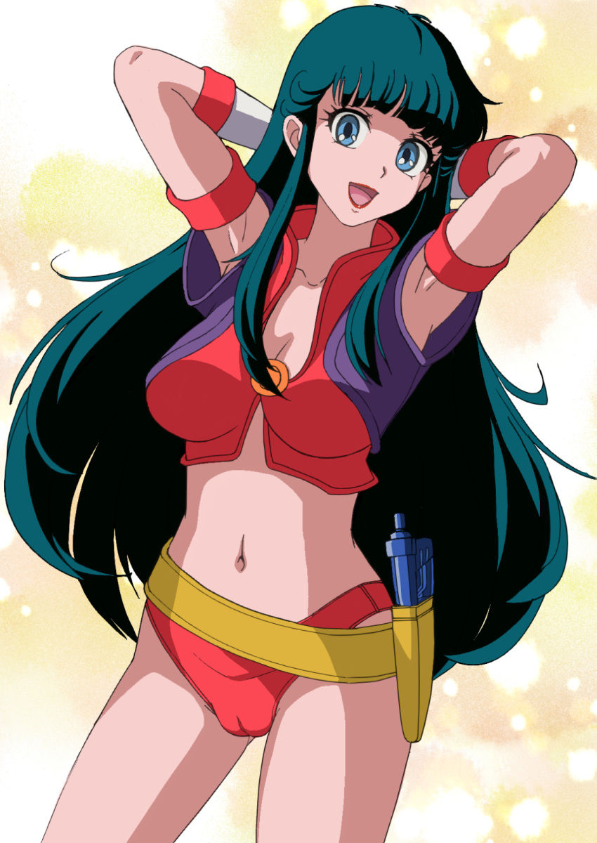 1girl armpits arms_behind_head arms_up ass_visible_through_thighs belt bikini bikini_bottom_only blue_eyes breasts cameltoe cleavage dark_green_hair energy_gun gloves gun highres holster lipstick long_hair looking_at_viewer makeup midriff navel nikkunemu_(gasw3233) oen_mouth purple_shirt red_bikini red_shirt reika_(time_gal) shirt short_sleeves smile solo swimsuit thighs time_gal weapon white_gloves