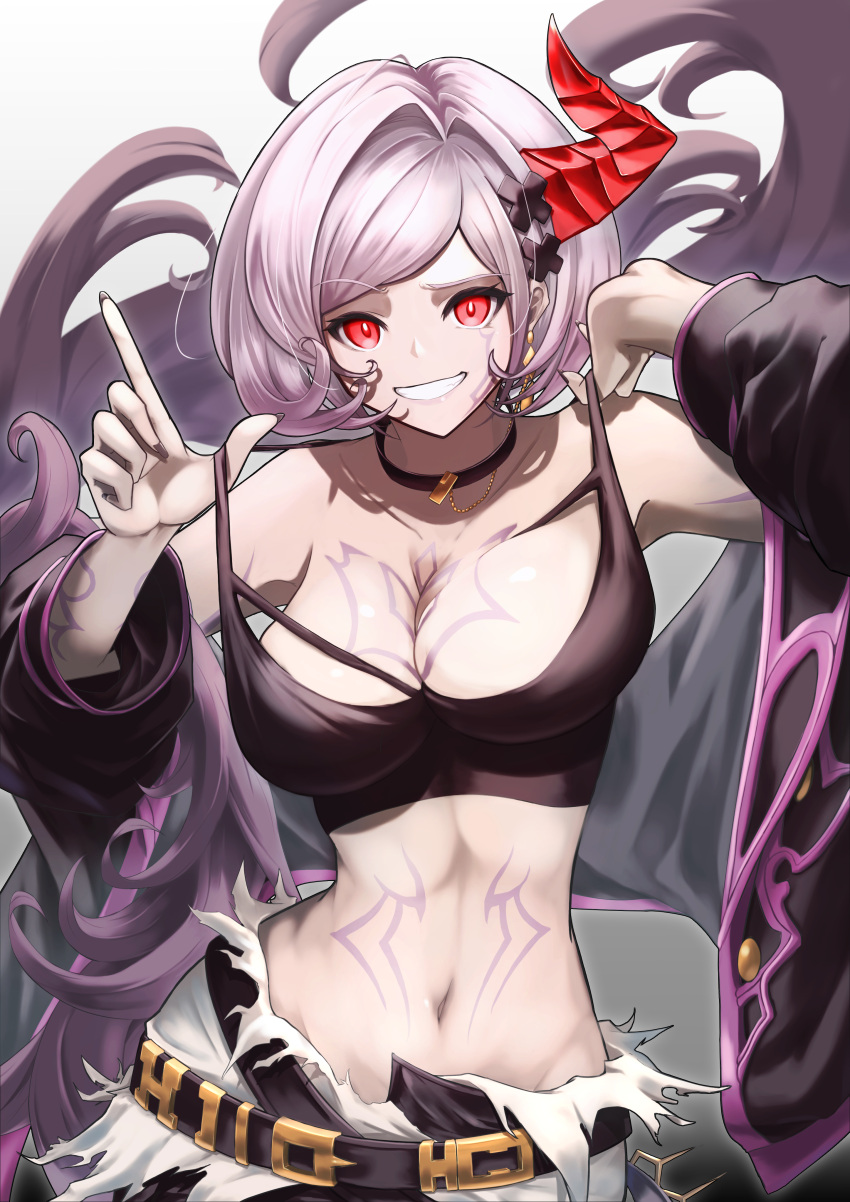 1girl absurdres bare_shoulders belt breast_tattoo breasts choker crop_top djeeta_(granblue_fantasy) forbidden_alter_ego_(granblue_fantasy) granblue_fantasy grin hands_up highres horns jacket kinoyama_(0202) large_breasts long_sleeves midriff multiple_belts navel open_clothes open_jacket parted_bangs purple_hair raised_eyebrow red_eyes red_horns short_hair single_horn smile solo stomach stomach_tattoo strap_lift tattoo wide_sleeves