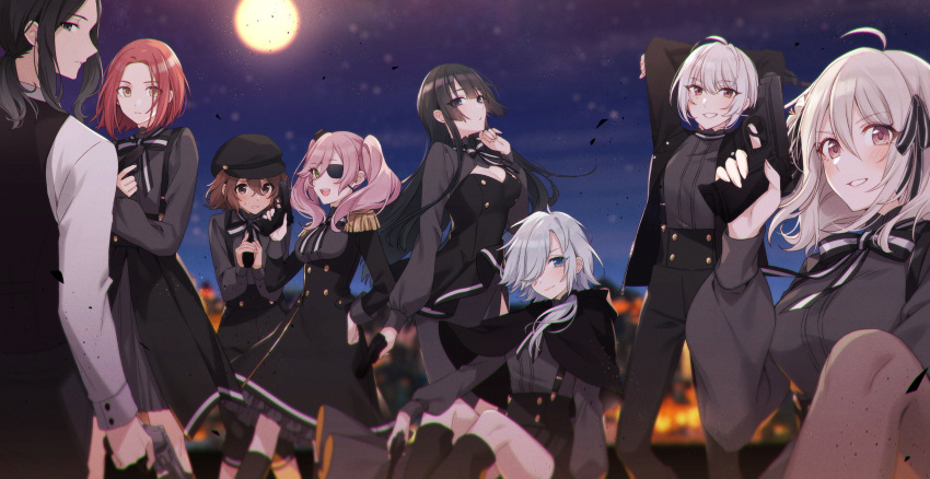 1boy 6+girls :d absurdres annette_(spy_kyoushitsu) arm_behind_head arms_up black_capelet black_dress black_hair black_headwear black_jacket black_ribbon black_shirt black_skirt blonde_hair blue_eyes blunt_bangs blurry blurry_background blush breasts brown_eyes brown_hair cabbie_hat capelet chromatic_aberration cleavage closed_mouth clothes_lift dress dress_lift dress_shirt embarrassed eyepatch feet_out_of_frame flower green_eyes grete_(spy_kyoushitsu) grey_hair grin gun hair_between_eyes hair_over_one_eye hair_over_shoulder hair_ribbon hat high-waist_skirt highres holding holding_gun holding_weapon jacket klaus_(spy_kyoushitsu) kneehighs lily_(flower) lily_(spy_kyoushitsu) long_hair long_sleeves looking_at_viewer medium_breasts miniskirt monika_(spy_kyoushitsu) moon multiple_girls night novel_illustration official_art open_clothes open_jacket open_mouth pantyhose pleated_dress pleated_skirt ponytail profile red_hair ribbon sara_(spy_kyoushitsu) shirt short_dress shrug_(clothing) sidelocks single_horizontal_stripe sitting skirt smile socks spy_kyoushitsu standing straight_hair suspender_skirt suspenders sweatdrop sybilla_(spy_kyoushitsu) textless_version thea_(spy_kyoushitsu) tomari_(veryberry00) twintails very_long_hair weapon white_shirt wind wind_lift