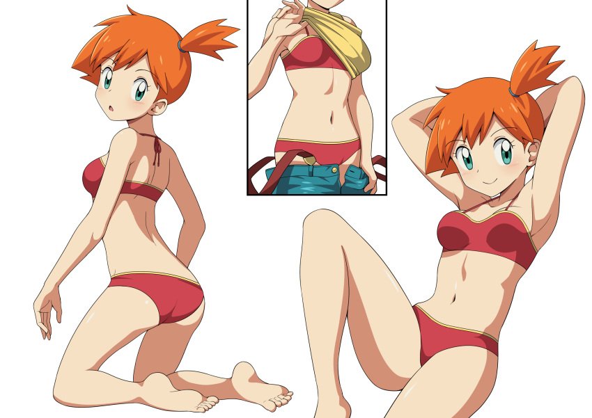 1girl armpits arms_behind_head barefoot bikini breasts clothes_lift commentary commission eyelashes feet green_eyes highres kneeling lifted_by_self looking_at_viewer misty_(pokemon) multiple_views navel one_side_up orange_hair parted_lips pokemon pokemon_(anime) red_bikini shirt shirt_lift short_hair shoulder_blades simple_background suitenan swimsuit toes white_background yellow_shirt