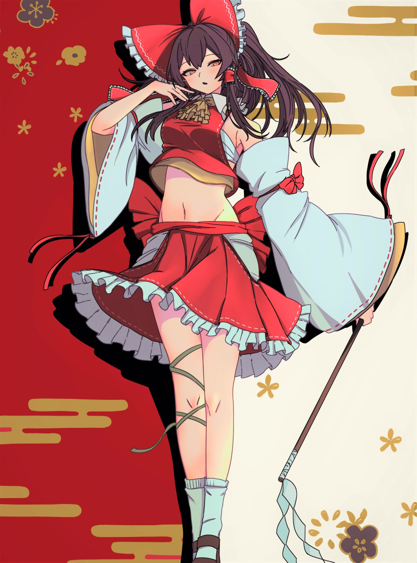 1girl absurdres black_hair bow breasts chest_sarashi commentary_request detached_sleeves egasumi frilled_skirt frills full_body groin hair_tubes hakurei_reimu highres looking_at_viewer medium_hair mesuosushi navel open_mouth red_background red_bow red_eyes red_shirt red_skirt ribbon-trimmed_sleeves ribbon_trim sarashi shirt sidelocks skirt solo standing touhou two-tone_background white_background wide_sleeves