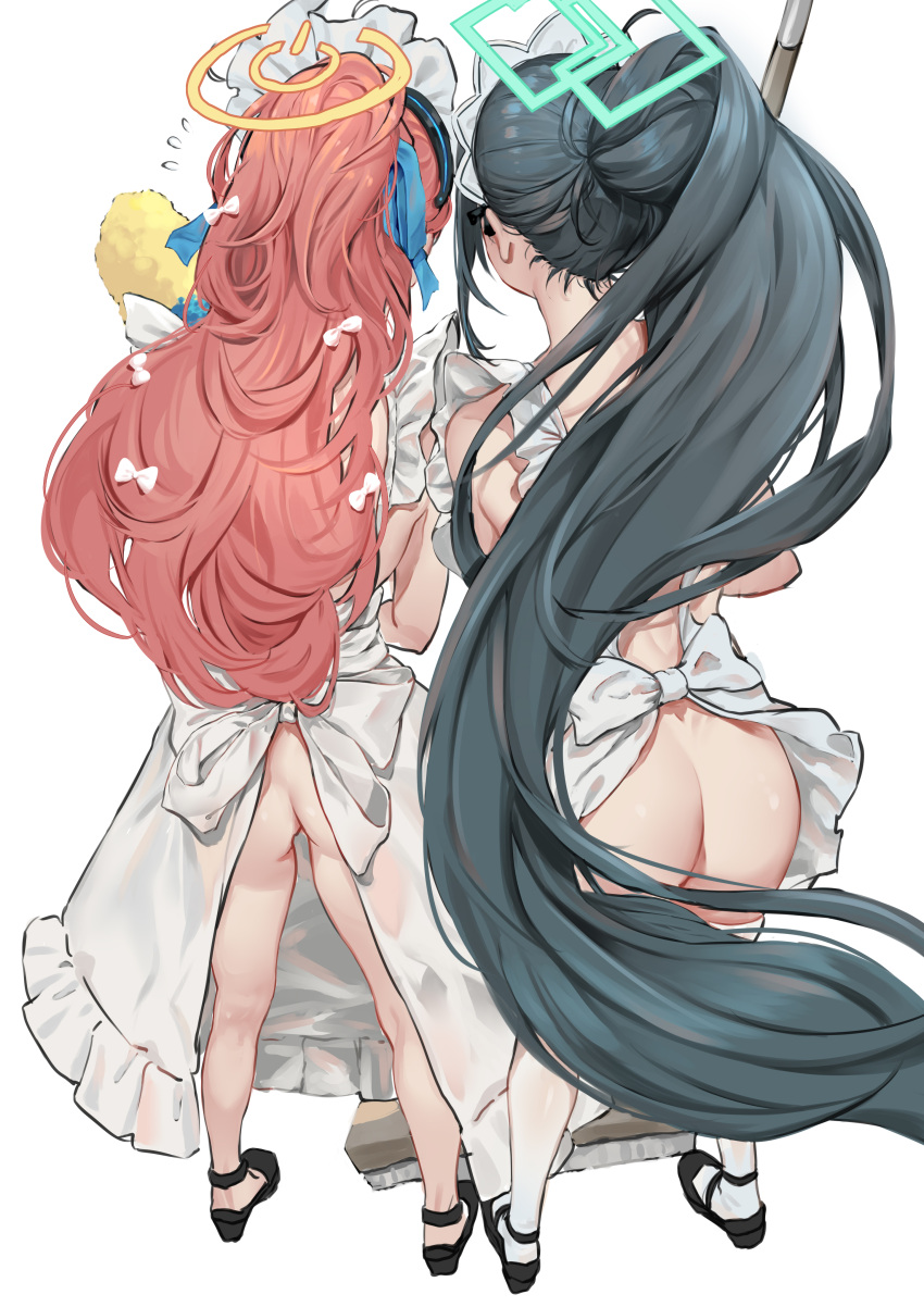 2girls absurdres aoi_sakura_(seak5545) apron aris_(blue_archive) aris_(maid)_(blue_archive) ass black_hair blue_archive blue_ribbon broom commentary duster frilled_apron frills from_behind green_halo hair_ribbon halo high_heels high_ponytail highres holding holding_broom holding_duster long_hair maid maid_apron maid_headdress multiple_girls naked_apron official_alternate_costume orange_halo red_hair ribbon simple_background standing very_long_hair white_apron white_background yuzu_(blue_archive) yuzu_(maid)_(blue_archive)