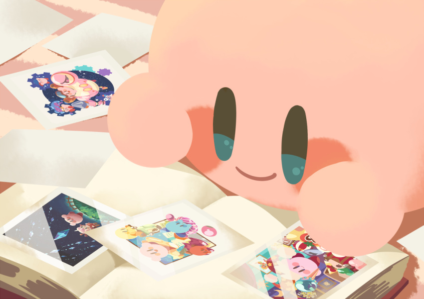 blue_eyes blush_stickers book carpet closed_mouth colored_skin commentary_request hitofutarai indoors kirby kirby:_planet_robobot kirby_(series) kirby_64 kirby_air_ride kirby_super_star lying no_humans on_stomach open_book photo_(object) photo_album pink_skin smile solo