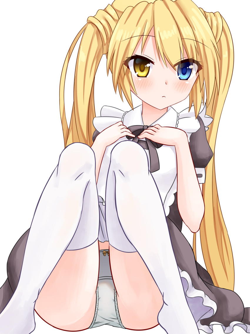 1girl :&lt; alternate_costume apron black_dress black_ribbon blonde_hair blue_eyes blush closed_mouth commentary dress enmaided eyelashes eyes_visible_through_hair feet_out_of_frame frilled_apron frilled_dress frills hair_between_eyes hands_on_own_chest hands_up heterochromia highres knees_up long_hair looking_at_viewer maid maid_apron nakatsu_shizuru no_shoes panties puffy_short_sleeves puffy_sleeves rewrite ribbon short_dress short_sleeves shy sidelocks simple_background sitting smile solo straight_hair tamba_i thighhighs twintails underwear very_long_hair white_apron white_background white_panties white_thighhighs yellow_eyes