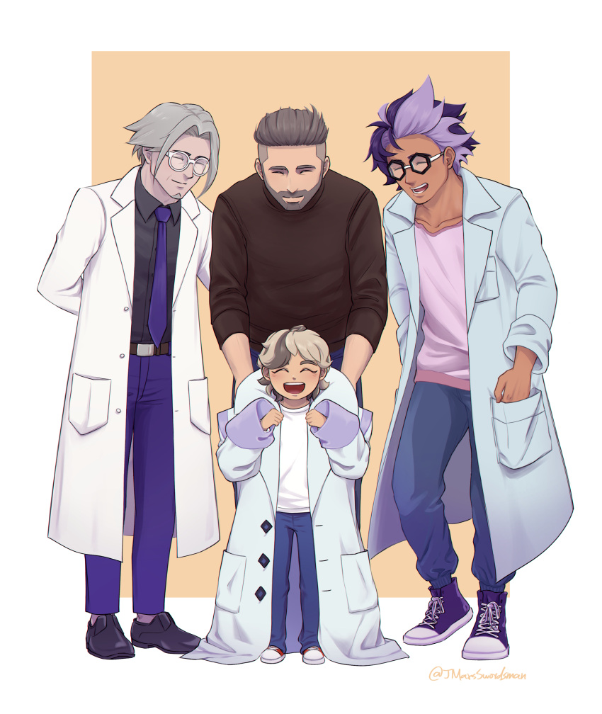 4boys :d absurdres arven_(pokemon) beard black-framed_eyewear black_footwear black_shirt black_sweater blue_footwear borrowed_clothes clavell_(pokemon) denim english_commentary facial_hair glasses goatee grey_hair highres jacq_(pokemon) jmarsswordsman lab_coat multicolored_hair multiple_boys necktie oversized_clothes pink_shirt pocket pokemon pokemon_(game) pokemon_sv purple_hair red_footwear shirt shoes short_hair smile sneakers standing streaked_hair sweater turo_(pokemon) white-framed_eyewear