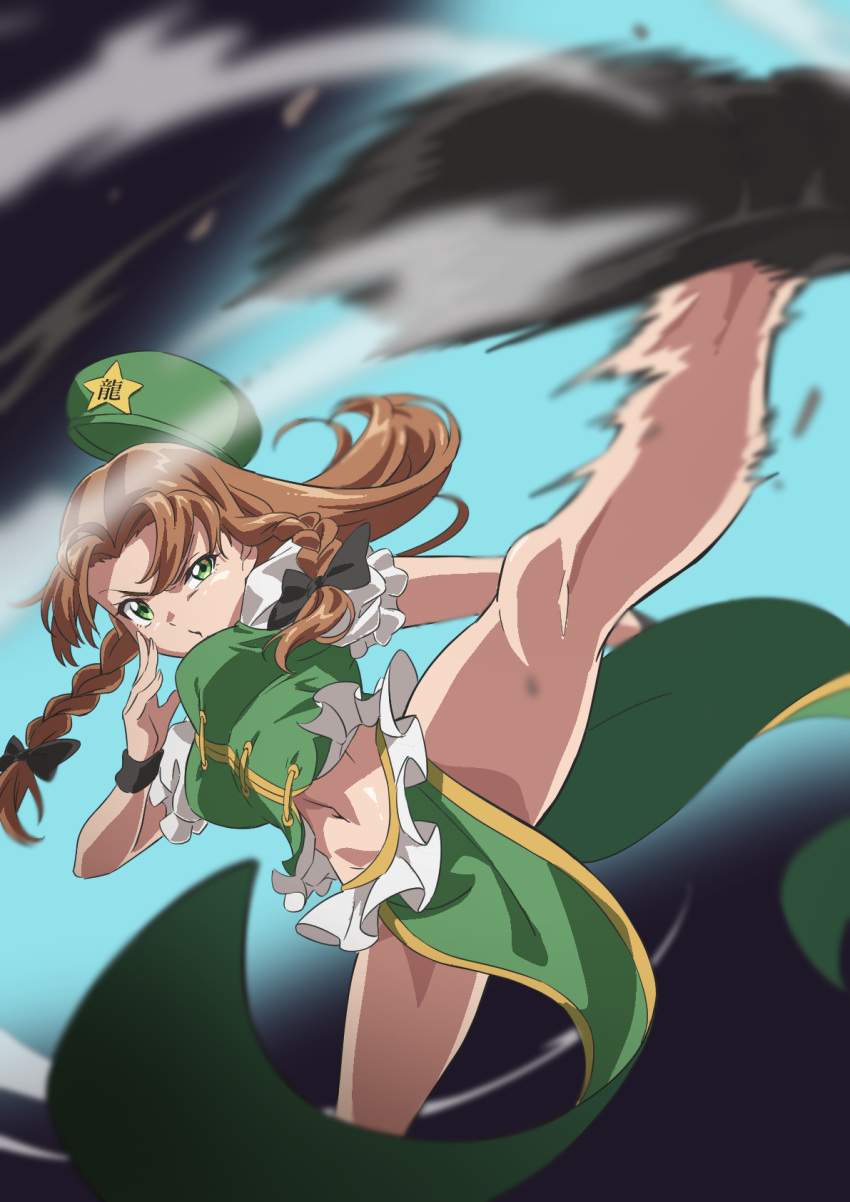 1girl braid breasts brown_hair green_eyes green_headwear green_vest gyouza_(mhea5724) hat high_kick highres hong_meiling kicking legs long_hair medium_breasts midriff motion_blur pelvic_curtain short_sleeves solo touhou twin_braids vest wristband