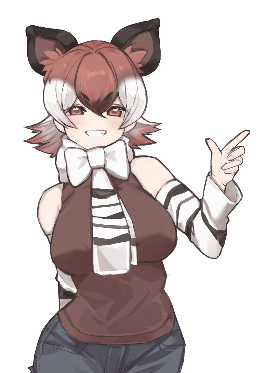 1girl a888_n22 absurdres animal_ears animal_print arms_behind_back bare_shoulders blush bow bowtie breasts brown_eyes brown_hair detached_sleeves extra_ears grin hair_between_eyes hand_up highres index_finger_raised kemono_friends large_breasts long_bangs looking_at_viewer medium_hair necktie okapi_(kemono_friends) okapi_ears print_sleeves shirt shorts simple_background smile solo upper_body white_background white_hair zebra_print