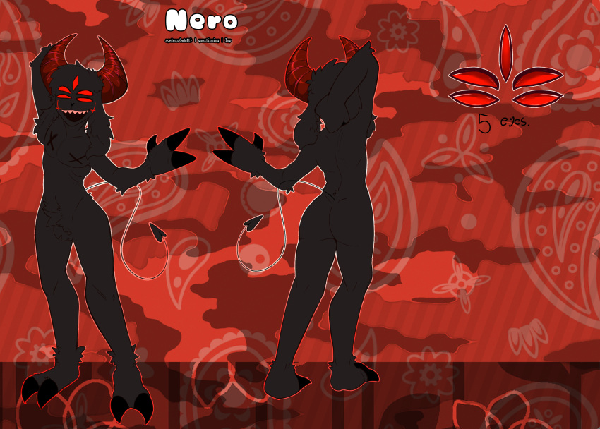 5_eyes absurd_res ambiguous_gender anthro black_body black_fur butt cross digital_media_(artwork) empty_eyes fur hi_res horn imp inverted_cross model_sheet multi_eye nero_(vasdocor_01) pattern_background red_background red_eyes red_horn simple_background tail teeth vasdocor_01