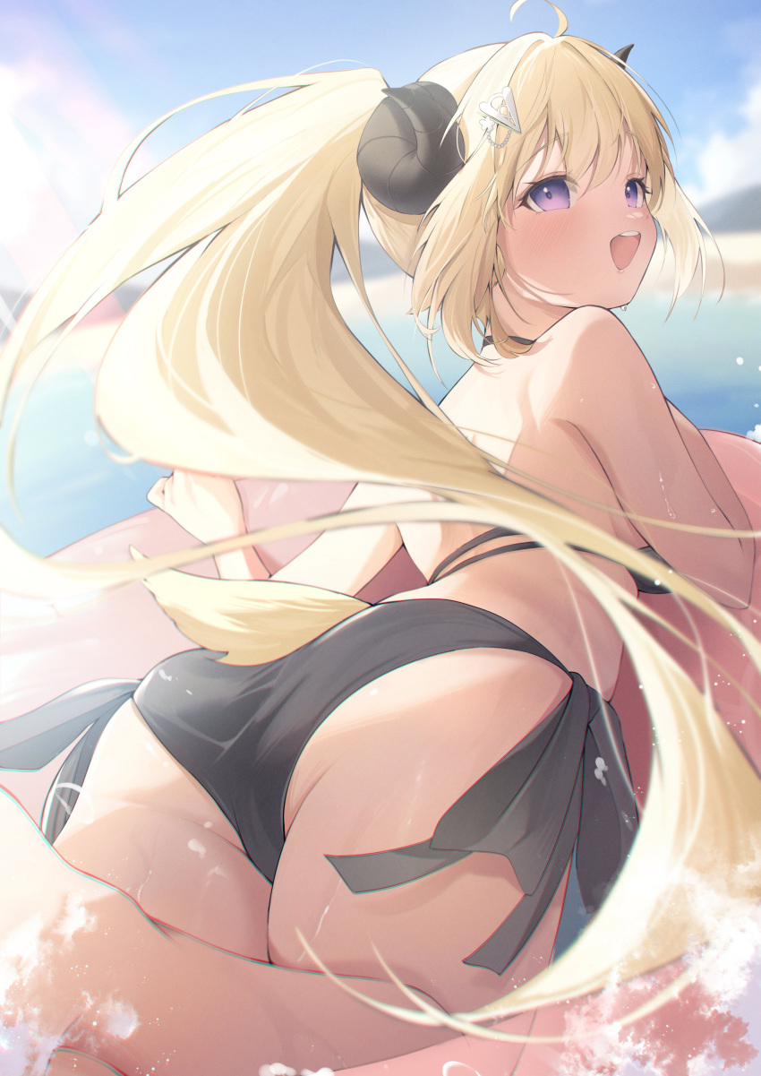 1girl :d absurdres ahoge ass beach bikini black_bikini blonde_hair blurry blurry_background breasts commentary_request day eat_some_cookie goat_horns hair_ornament highres hololive horns innertube lens_flare long_hair looking_at_viewer looking_back mountainous_horizon ocean open_mouth outdoors purple_eyes sheep_girl sheep_horns smile solo summer swimsuit teeth tsunomaki_watame upper_teeth_only very_long_hair virtual_youtuber