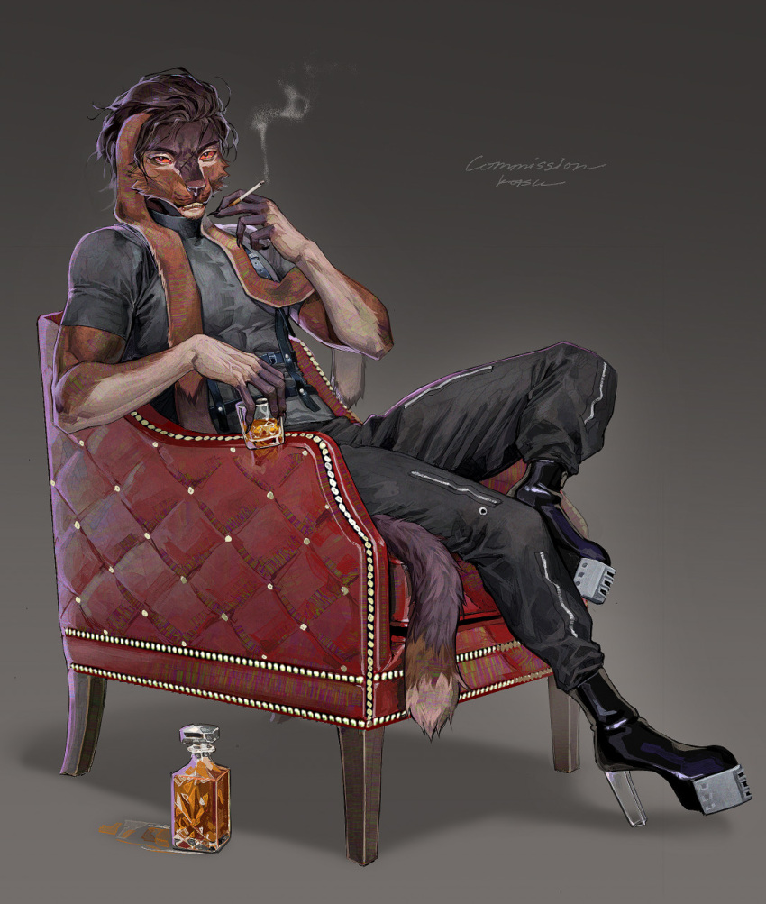 2022 alcohol anthro armchair beverage biped black_boots black_bottomwear black_clothing black_footwear black_hair black_markings black_nose black_pants black_shirt black_topwear boots bottomwear brown_body chair cheek_tuft cigarette claws clothed clothing dipstick_tail eyebrows facial_tuft fingerless_(marking) floppy_ears footwear frank-79 furniture hair hi_res high_heeled_boots high_heels holding_beverage holding_cigarette holding_object long_ears looking_at_viewer male markings pants shirt short_hair simple_background sitting sitting_on_armchair smoking solo tail tail_markings topwear tuft unknown_species white_body white_markings