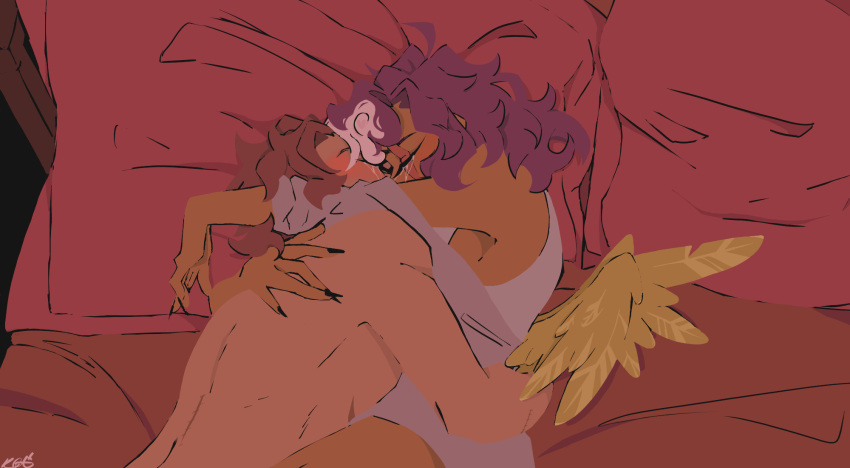2boys armpits asexualkittyclaws bare_shoulders bed_sheet black_nails blush brown_hair closed_eyes crying dark-skinned_male dark_skin dream_smp feathered_wings fingernails grey_shirt highres kiss long_fingernails male_focus multicolored_hair multiple_boys on_bed purple_hair quackity red_sheet scar scar_across_eye scar_on_arm scar_on_back scar_on_face shirt streaked_hair streaming_tears tears topless_male white_shirt wilbur_soot wings yellow_wings