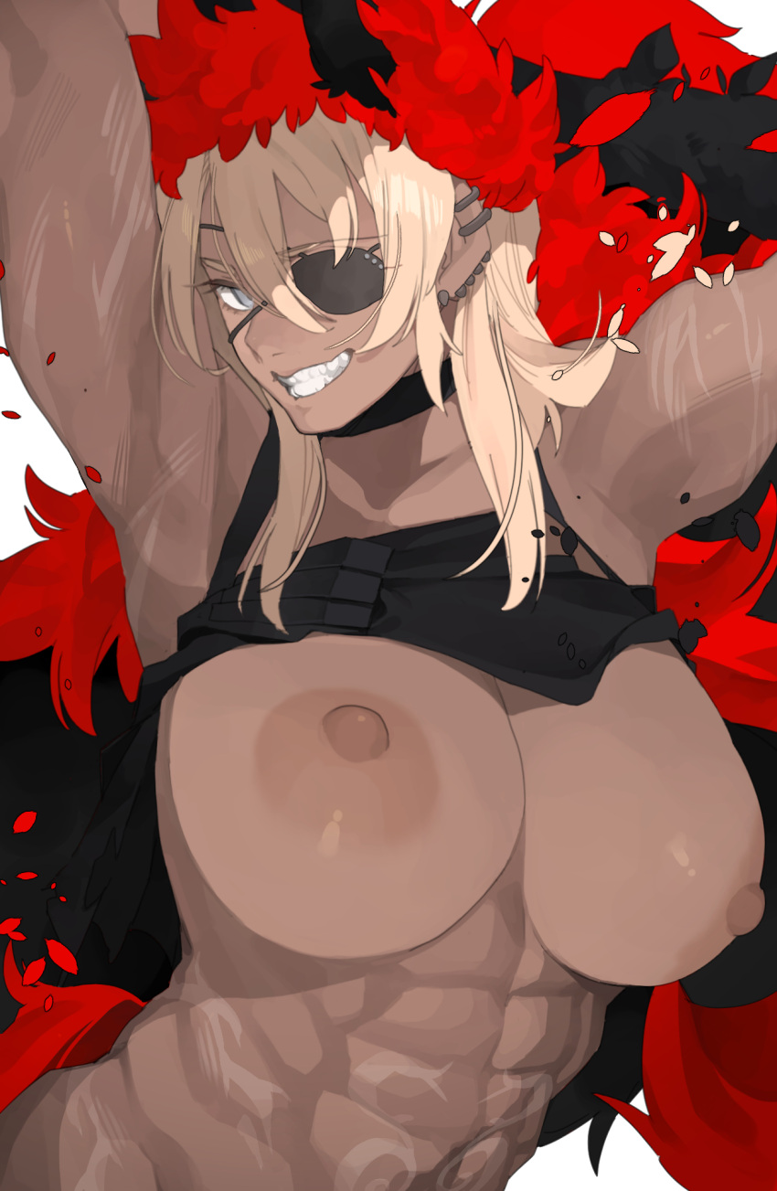 1girl abs armpits arms_up blonde_hair blue_eyes breasts choker clenched_teeth commission dark-skinned_female dark_nipples dark_skin ear_piercing eyepatch grin hair_between_eyes highres huge_breasts indie_virtual_youtuber long_hair makingtawawa medium_hair muscular muscular_female nipples piercing puffy_nipples scar shiny_skin skeb_commission smile solo teeth tsurime upper_body virtual_youtuber