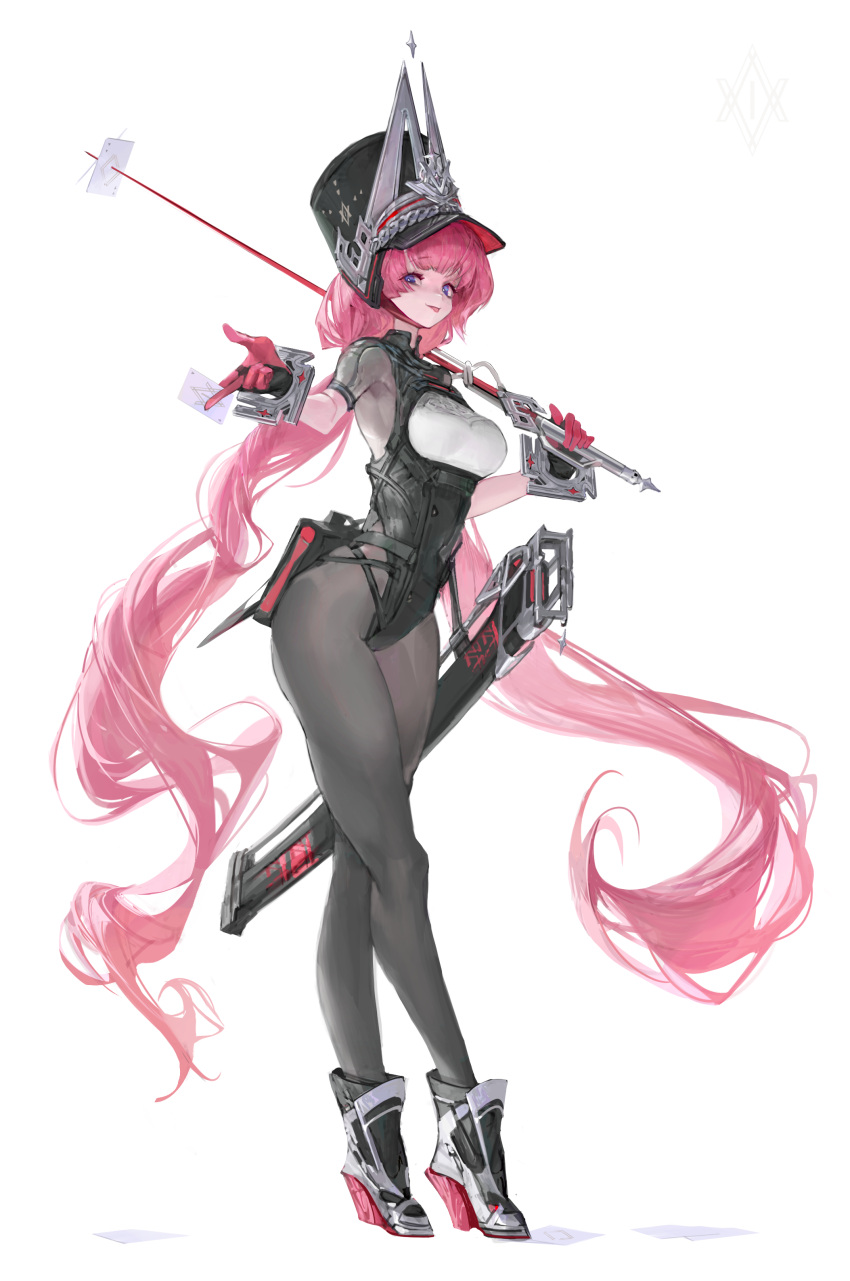 1girl absurdres bag_behind_back black_gloves black_headwear bodystocking bracer breasts card commentary covered_navel dated_commentary english_commentary full_body gloves hat highres holding holding_sword holding_weapon legs long_hair long_legs looking_at_viewer medium_breasts nonstandard_playing_card original over_shoulder pink_hair playing_card purple_eyes rapier red_gloves scabbard shako_cap sheath short_sleeves simple_background solo standing sword tongue tongue_out very_long_hair vexxxxa weapon weapon_over_shoulder white_background wide_hips