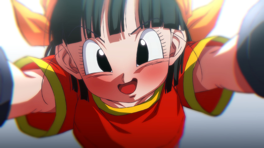 1girl :d bandana black_eyes black_hair blurry blurry_foreground blush dragon_ball dragon_ball_gt gradient_background grey_background looking_at_viewer open_mouth orange_bandana pan_(dragon_ball) red_shirt rom_(20) shirt short_hair short_sleeves smile solo upper_body