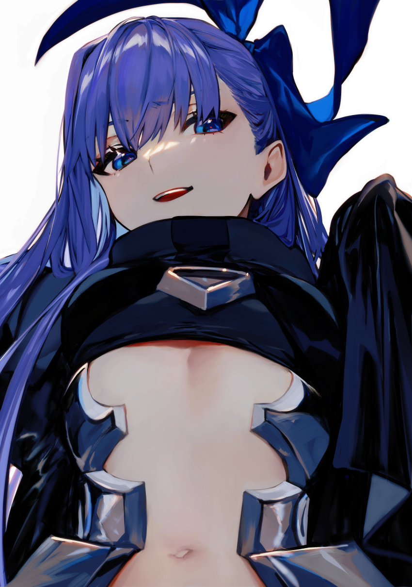 1girl absurdres albino_(a1b1n0623) blue_eyes blue_hair fate/extra fate/extra_ccc fate_(series) flat_chest hair_ribbon highres long_hair looking_at_viewer meltryllis_(fate) navel open_mouth purple_hair ribbon sleeves_past_fingers sleeves_past_wrists solo upper_body white_background