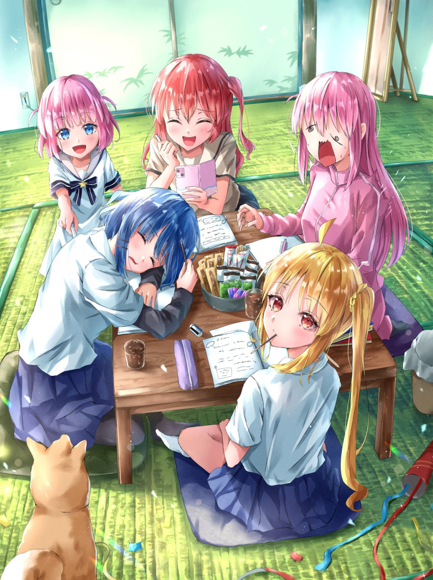 5girls blonde_hair blue_eyes blue_hair blue_skirt bocchi_the_rock! cellphone dog food food_in_mouth gotoh_futari gotoh_hitori highres holding holding_phone ijichi_nijika indoors jacket kikugawa_roku kita_ikuyo long_hair looking_at_another looking_at_viewer looking_back medium_hair multiple_girls on_floor one_side_up open_mouth phone pink_hair pink_jacket pocky pocky_in_mouth red_eyes red_hair sailor_collar shirt sitting skirt sleeping sleeping_upright smartphone smile table taking_picture tatami track_suit white_sailor_collar white_shirt yamada_ryo