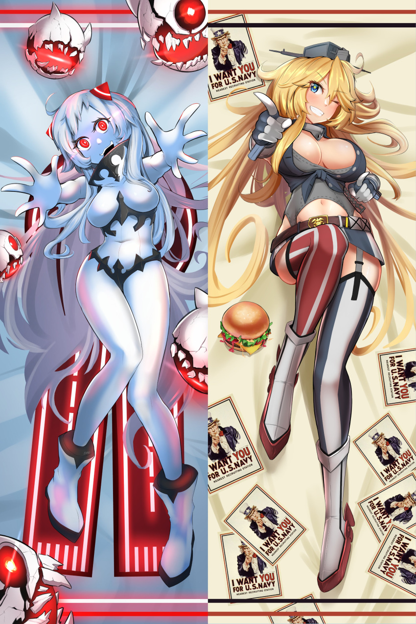 absurdres abyssal_ship airfield_princess blonde_hair blue_eyes breasts burger colored_skin dakimakura_(medium) english_commentary finger_gun flight_deck food full_body garter_straps glowing glowing_eyes grin headgear highres horns iowa_(kancolle) kantai_collection large_breasts lying mittens reaching_towards_viewer red_eyes smile star-shaped_pupils star_(symbol) striped striped_thighhighs symbol-shaped_pupils that_70s_mexi thighhighs uncle_sam vertical-striped_thighhighs vertical_stripes white_footwear white_hair white_skin