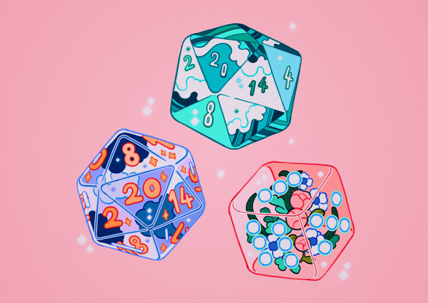 absurdres cloud cube dice flower highres icosahedron meyoco no_humans original pink_background pink_flower simple_background sparkle wave_print waves white_flower
