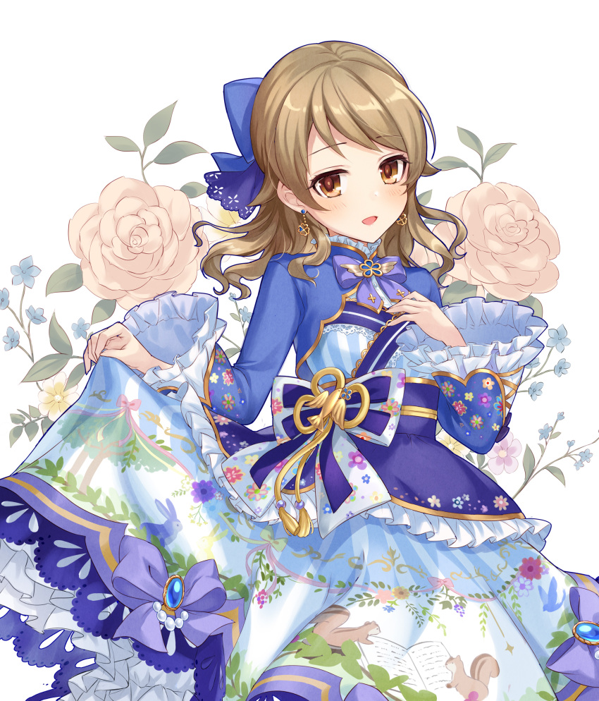 1girl absurdres alternate_hairstyle animal_print blue_ribbon blush book bow bowtie brown_eyes brown_hair dot_nose dress earrings floral_background floral_print frilled_dress frills gem hair_bow hair_ribbon hands_up highres idolmaster idolmaster_cinderella_girls idolmaster_cinderella_girls_starlight_stage iku2727 jewelry light_brown_hair long_hair long_sleeves looking_at_viewer morikubo_nono open_mouth pearl_(gemstone) print_dress purple_bow purple_bowtie purple_dress purple_ribbon purple_sash ribbon sash skirt_hold smile solo squirrel white_background wide_sleeves