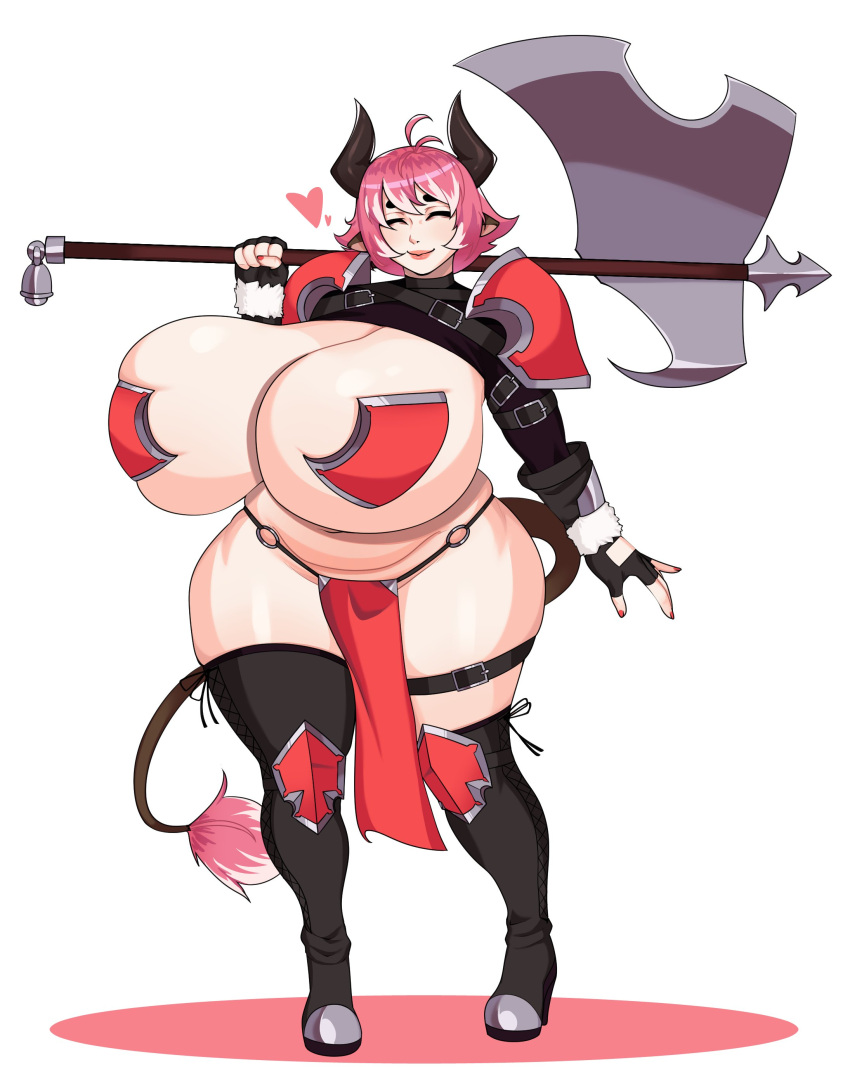 absurd_res animal_humanoid armor big_breasts black_horn blonde_hair bottomwear bovid bovid_humanoid bovine bovine_humanoid breasts brown_ears cattle_humanoid clothing curvy_figure female fingerless_gloves full-length_portrait gloves hair handwear hi_res holding_axe horn huge_breasts humanoid loincloth mammal mammal_humanoid pasties pink_hair pink_tail_tuft portrait shoulder_armor simple_background skindentation solo strongmoist tail tail_tuft thick_thighs tuft unconvincing_armor voluptuous white_background wide_hips