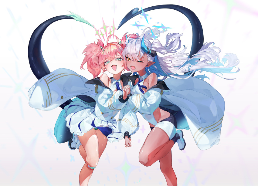 2girls absurdres ahoge bandaid bandaid_on_knee bandaid_on_leg bare_legs blue_archive blue_hair blue_necktie blush buttons demon_girl demon_tail dress green_eyes green_panties halo heart highres holding_hands horns jacket leg_up light_blush long_hair medium_hair miwerjooggetser momoka_(blue_archive) multicolored_hair multiple_girls necktie off-shoulder_dress off_shoulder one_eye_closed open_mouth orange_eyes panties pink_hair pleated_skirt simple_background single_horn skirt star_halo sumomo_(blue_archive) tail tears twintails two-tone_hair two_side_up underwear white_background white_dress white_footwear white_hair white_jacket