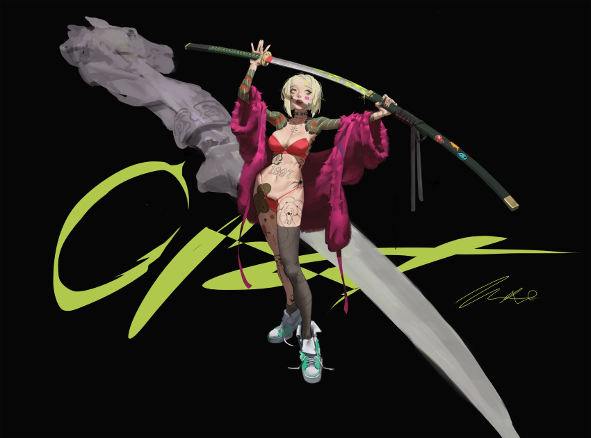 1girl absurdres bandeau bikini blonde_hair breasts choker dagger english_commentary facial_tattoo full-body_tattoo fur_coat highres holding holding_sheath holding_sword holding_weapon knife lipstick makeup muskdeer o-ring o-ring_choker off-shoulder_coat off_shoulder original paint_splatter projected_inset see-through_thighhighs sheath shoes short_hair single_thighhigh snake_tattoo sneakers solo swimsuit sword tattoo thighhighs unsheathing weapon