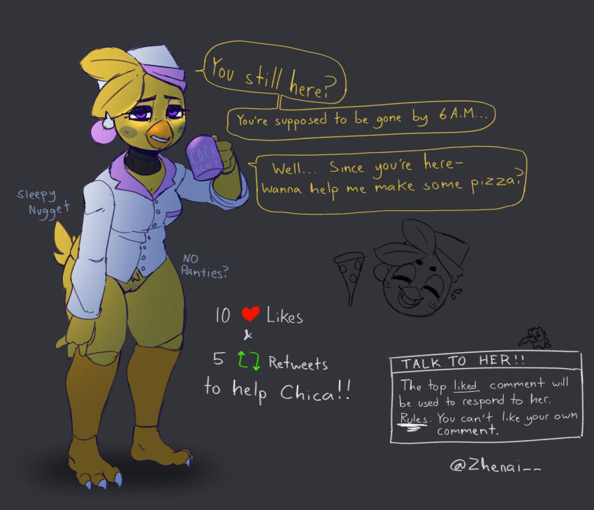 anthro avian beverage bird chica_(fnaf) chicken clothed clothing coffee female five_nights_at_freddy's galliform gallus_(genus) hi_res humor nightgown part_of_comic phasianid scottgames solo zhenai