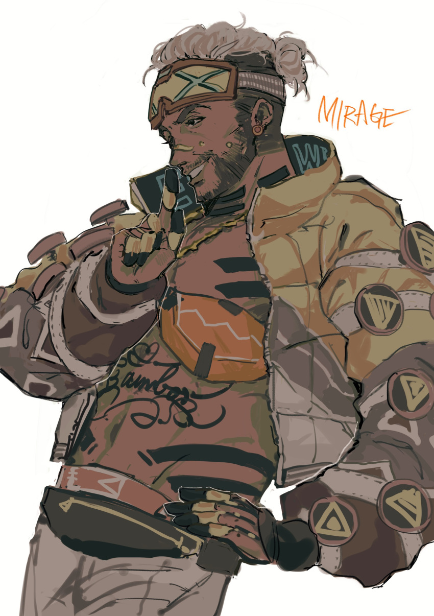 1boy absurdres apex_legends beard black_eyes brown_hair character_name cheek_piercing dark-skinned_male dark_skin facial_hair fanny_pack finger_to_mouth goggles goggles_on_head grey_pants groin hair_behind_ear hair_bun highres jacket lit_witt_mirage looking_down male_focus mao_ke mirage_(apex_legends) navel official_alternate_costume pants parted_lips shushing single_hair_bun smile solo v-shaped_eyebrows white_background yellow_jacket