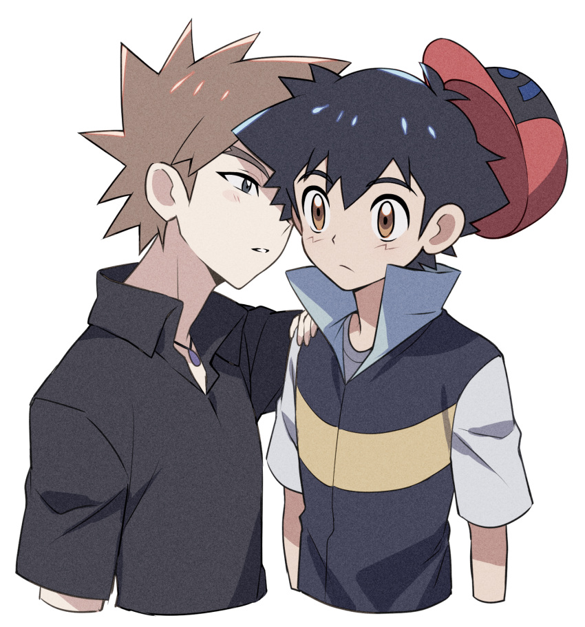 2boys ash_ketchum black_hair blush brown_eyes brown_hair closed_mouth collared_shirt commentary_request gary_oak hand_on_another's_shoulder hat highres jacket jewelry looking_at_another male_focus multiple_boys necklace parted_lips pokemon pokemon_(anime) pokemon_dppt_(anime) popped_collar red_headwear shirt short_hair short_sleeves spiked_hair tuze111 upper_body white_background