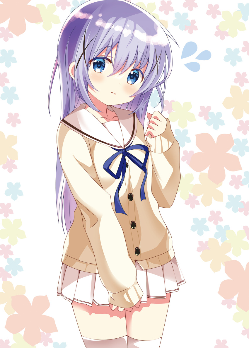 1girl blue_eyes blue_hair cardigan closed_mouth gochuumon_wa_usagi_desu_ka? hair_between_eyes hair_ornament highres hoto_cocoa's_school_uniform kafuu_chino kohakugin legs_together light_blue_hair light_purple_hair long_hair looking_at_viewer miniskirt school_uniform serafuku simple_background skirt solo standing very_long_hair white_skirt x_hair_ornament