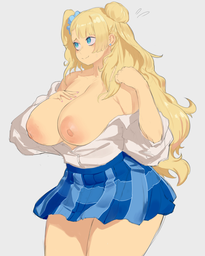 1girl absurdres asymmetrical_bangs asymmetrical_hair blonde_hair blue_eyes blue_scrunchie blue_skirt blush breasts bright_pupils dress_shirt drowsykrid earrings eyeshadow flying_sweatdrops galko gyaru hair_bun hand_on_own_chest heart heart_earrings highres huge_breasts jewelry large_areolae long_hair long_sleeves looking_away makeup miniskirt nipples no_bra off_shoulder one_side_up open_clothes open_shirt oshiete!_galko-chan pink_eyeshadow pink_nails pleated_skirt school_uniform scrunchie shirt single_side_bun skirt smile solo thick_thighs thighs wavy_mouth white_pupils white_shirt wing_collar