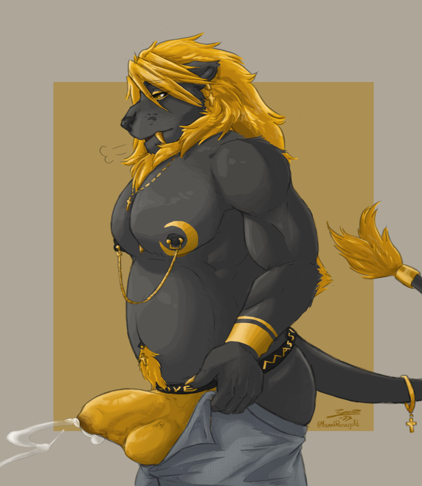 anthro big_bulge big_pecs black_body black_fur blonde_hair bodily_fluids bottomwear bulge clothing cum cum_in_clothing cum_in_underwear cum_through_clothing cum_through_jockstrap cum_through_underwear ear_piercing ejaculation erection eyeliner fangs felid fur genital_fluids gold_(metal) hair hands-free hi_res jewelry jockstrap lion makeup male mammal mane musclegut muscular nipple_piercing nipples orgasm orgasm_face pantherine pants pecs piercing sabertooth_(anatomy) solo spontaneous_ejaculation tattoo teeth underwear wet wet_clothing wet_underwear yanni yannirosegold yellow_eyes