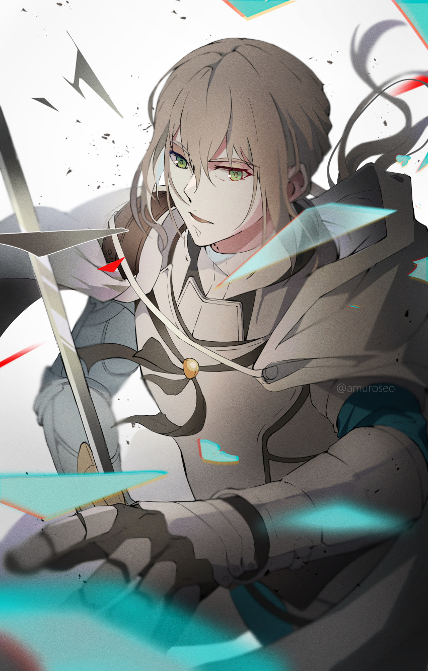 1boy absurdres airgetlam_(fate) amuroseo armor bedivere_(fate) blonde_hair cape commentary double-parted_bangs english_commentary fate/grand_order fate_(series) gauntlets green_eyes hair_between_eyes hair_tubes highres holding holding_sword holding_weapon long_hair long_sleeves looking_at_viewer low_ponytail male_focus parted_lips prosthesis prosthetic_arm serious shards sidelocks solo sword upper_body weapon white_background white_cape