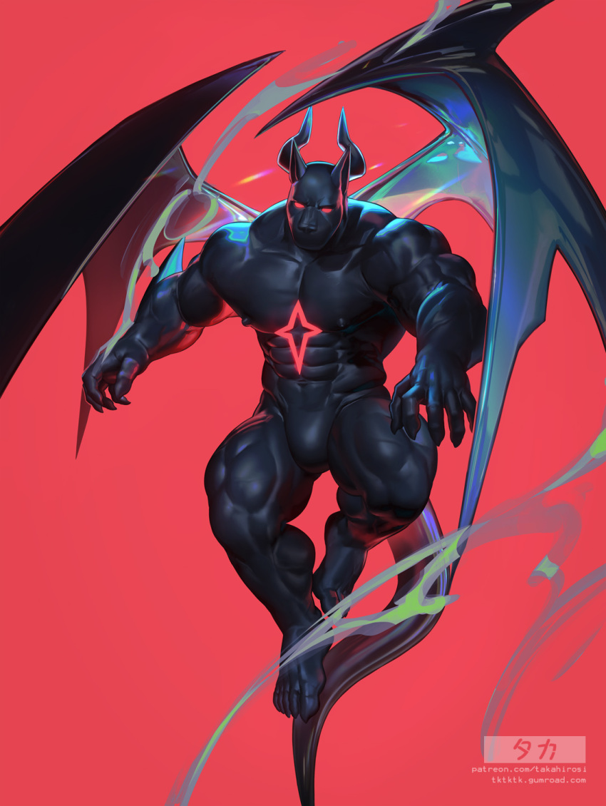 2022 2023 abs anthro biceps black_body chest_markings claws deltoids featureless_crotch finger_claws glowing glowing_eyes goo_transformation gumroad hi_res horn male markings muscular muscular_anthro muscular_male muscular_thighs navel nipples o_(takahirosi) patreon pecs raised_wings red_background red_eyes simple_background slime solo takahirosi text toe_claws transformation url wings