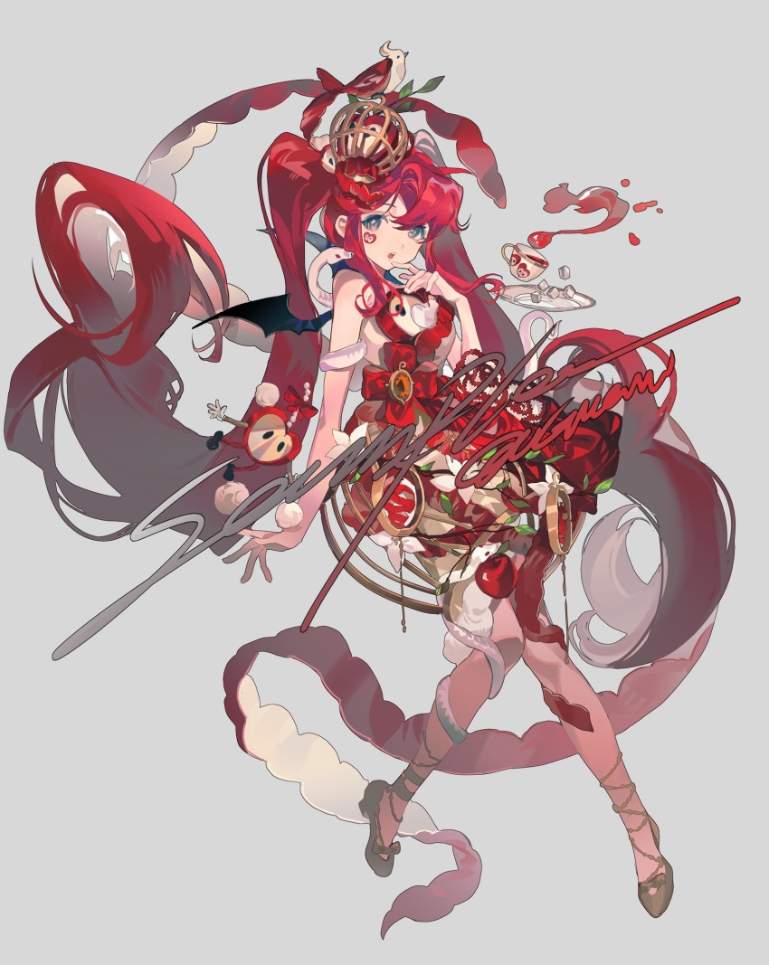 1girl animal apple bare_legs bare_shoulders bird black_wings blue_eyes crown cup finger_to_mouth food fruit gillannn grey_background hair_between_eyes hair_ornament highres leaf long_hair looking_at_viewer open_mouth original parted_bangs plate red_hair red_ribbon ribbon sidelocks simple_background sleeveless snake solo sugar_cube tea teacup twintails very_long_hair white_snake wings