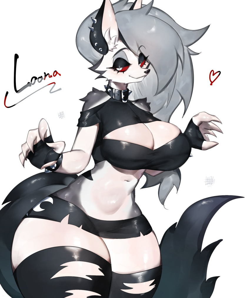 anthro canid canid_demon clothed clothing demon female fur grey_body grey_fur hellhound helluva_boss hi_res looking_at_viewer loona_(helluva_boss) mammal simple_background solo tail togetoge