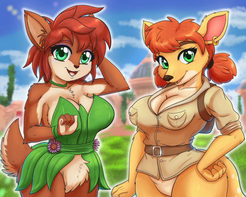 2023 activision anthro arm_tuft backpack belt big_breasts breasts brown_body brown_fur brown_hair brown_nose chest_tuft choker cleavage clothed clothing collarbone crotch_tuft duo ear_piercing ear_ring elbow_tuft elora eyebrows eyelashes faun_(spyro) female flower fur green_eyes hair hand_on_hip hi_res inner_ear_fluff jewelry kangaroo leaf leaf_hair looking_at_viewer macropod mammal marsupial necklace open_mouth open_smile outside piercing pigtails plant plant_hair pseudo_hair ring_piercing saikyoryuuougi sheila_(spyro) shoulder_tuft smile spyro_the_dragon tan_body tan_fur tuft