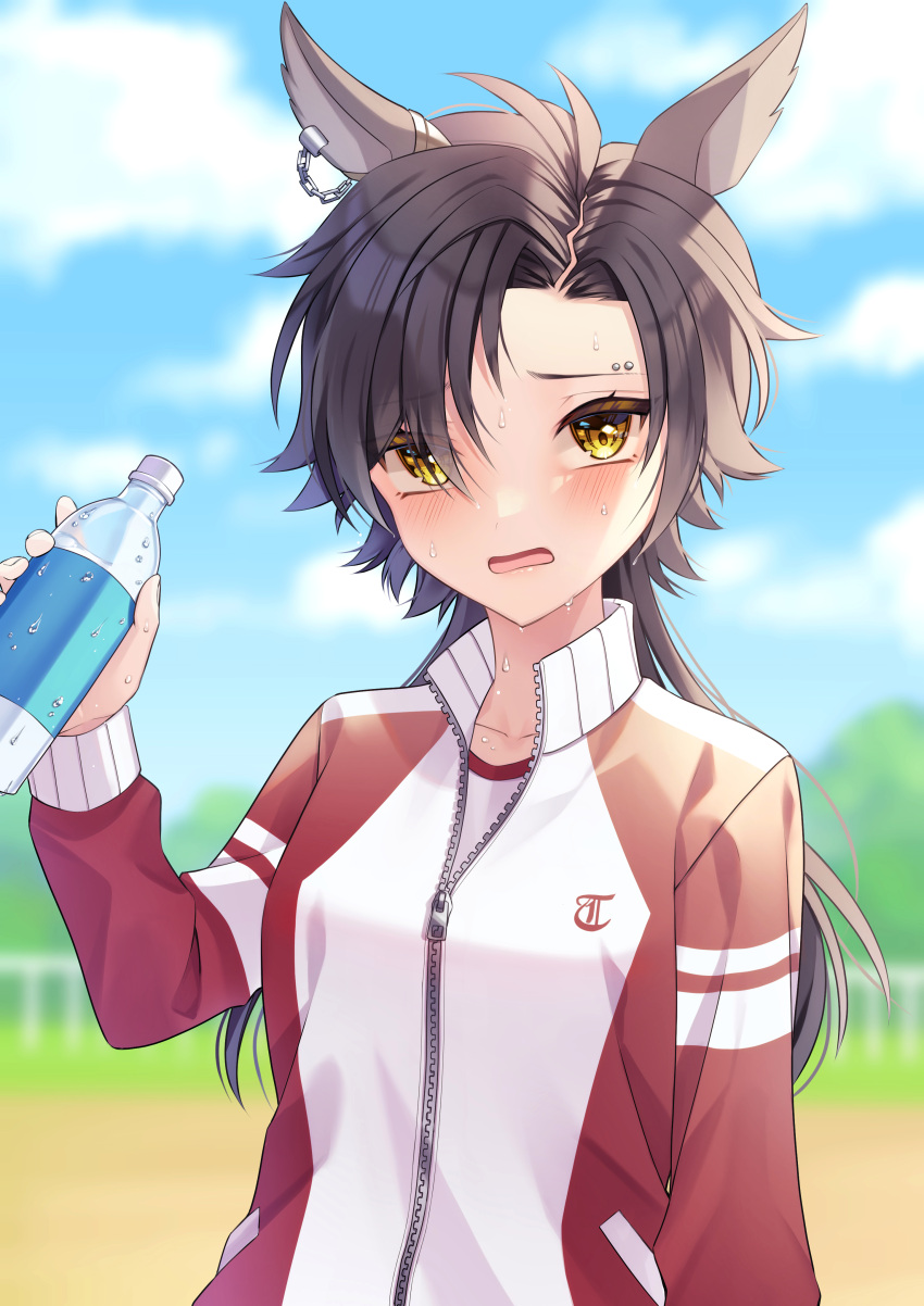 1girl absurdres air_shakur_(umamusume) animal_ears bangs be_imaro blue_sky blurry blurry_background bottle breasts brown_eyes brown_hair cloud cloudy_sky commentary_request day depth_of_field eyebrow_piercing eyes_visible_through_hair gym_shirt hair_over_one_eye highres holding holding_bottle horse_ears jacket long_hair long_sleeves looking_at_viewer open_mouth outdoors piercing red_jacket shirt sky small_breasts solo sweat tracen_training_uniform track_jacket umamusume upper_body water_bottle white_shirt