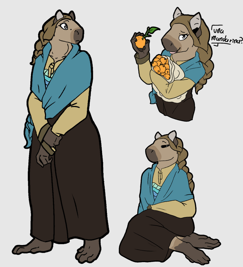 anthro bottomwear braided_hair capybara caviid clothing desga desga_mice female hair hi_res long_skirt mammal model_sheet rebozo rodent skirt solo